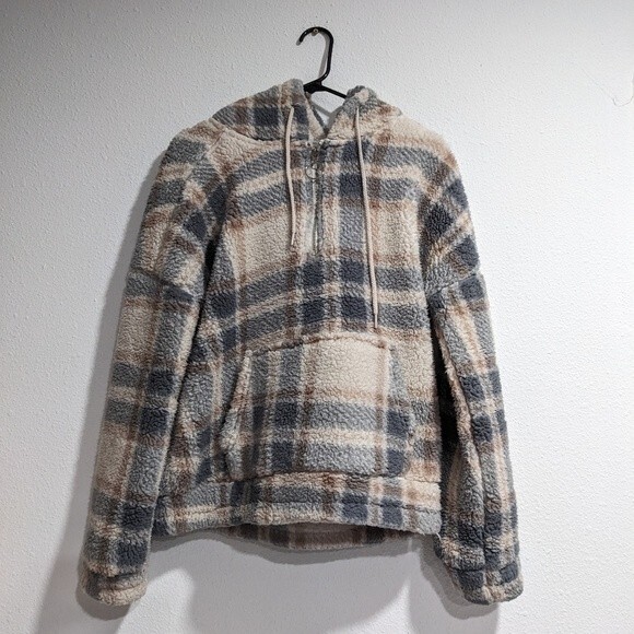 Reflex Plaid Hooded Sherpa Cropped Pullover Sweater, Women's Large - Picture 1 of 12